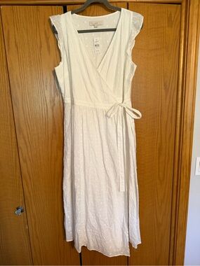 LOFT White Textured Sleeveless Wrap-Style Midi Dress